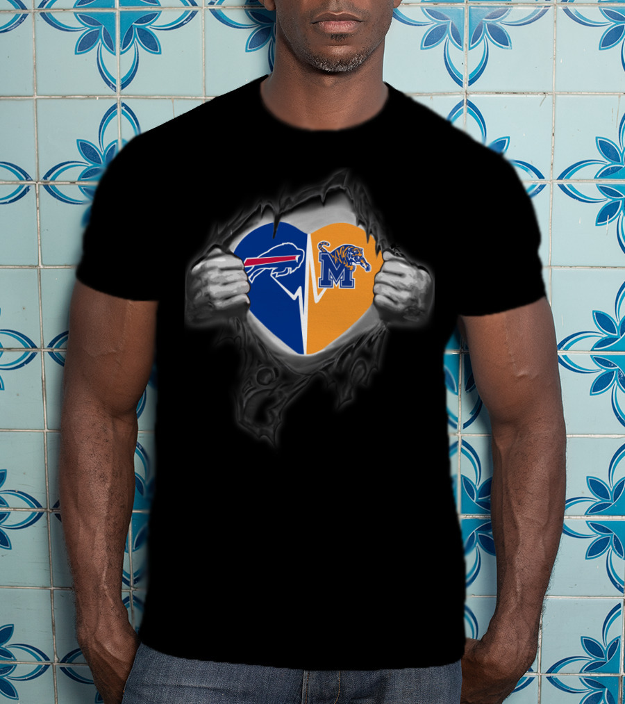 Buffalo Bills Heart Memphis Tigers Logo Fan Collaboration T-Shirt