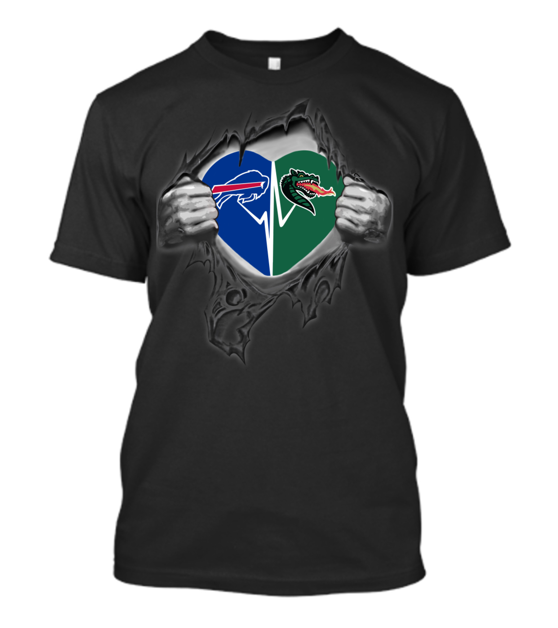 Bills Uab Blazers Heart Design With Logos And Ripped Effect T-Shirt