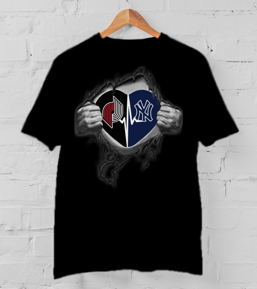 Heart Split Yankees Ny Blazers Logo Icons Hands T-Shirt