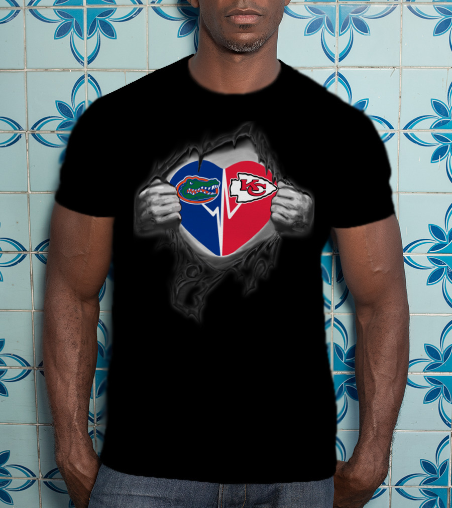 Florida Gators And Kansas City Chiefs Heart Symbol With Torn Effect T-Shirt
