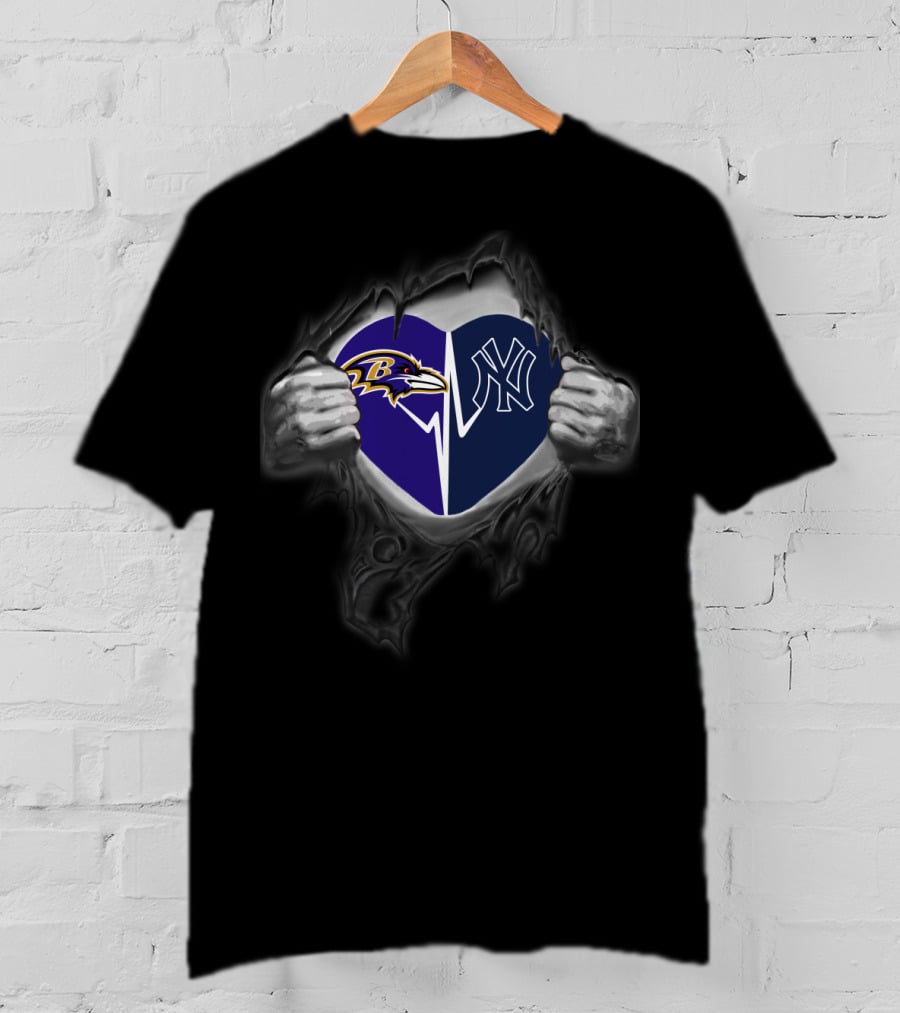 Baltimore Ravens New York Yankees Heart Nfl Mlb Crossover Fans T-Shirt