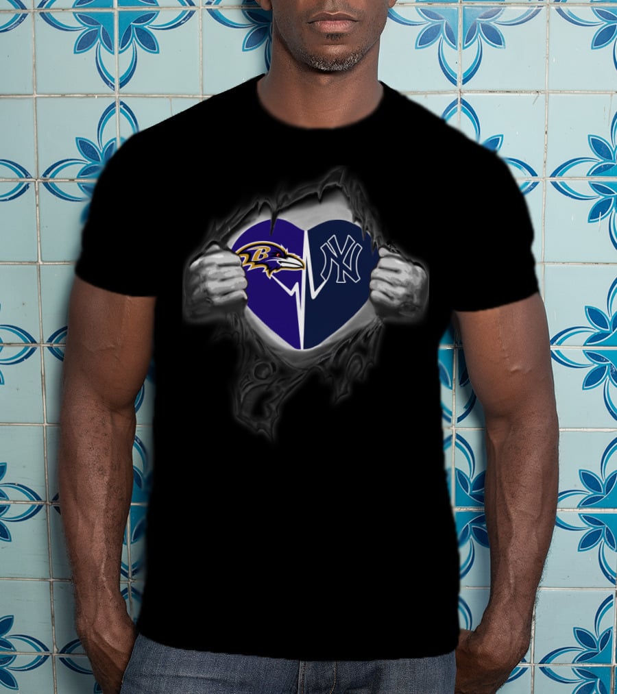 Baltimore Ravens New York Yankees Heart Nfl Mlb Crossover Fans T-Shirt