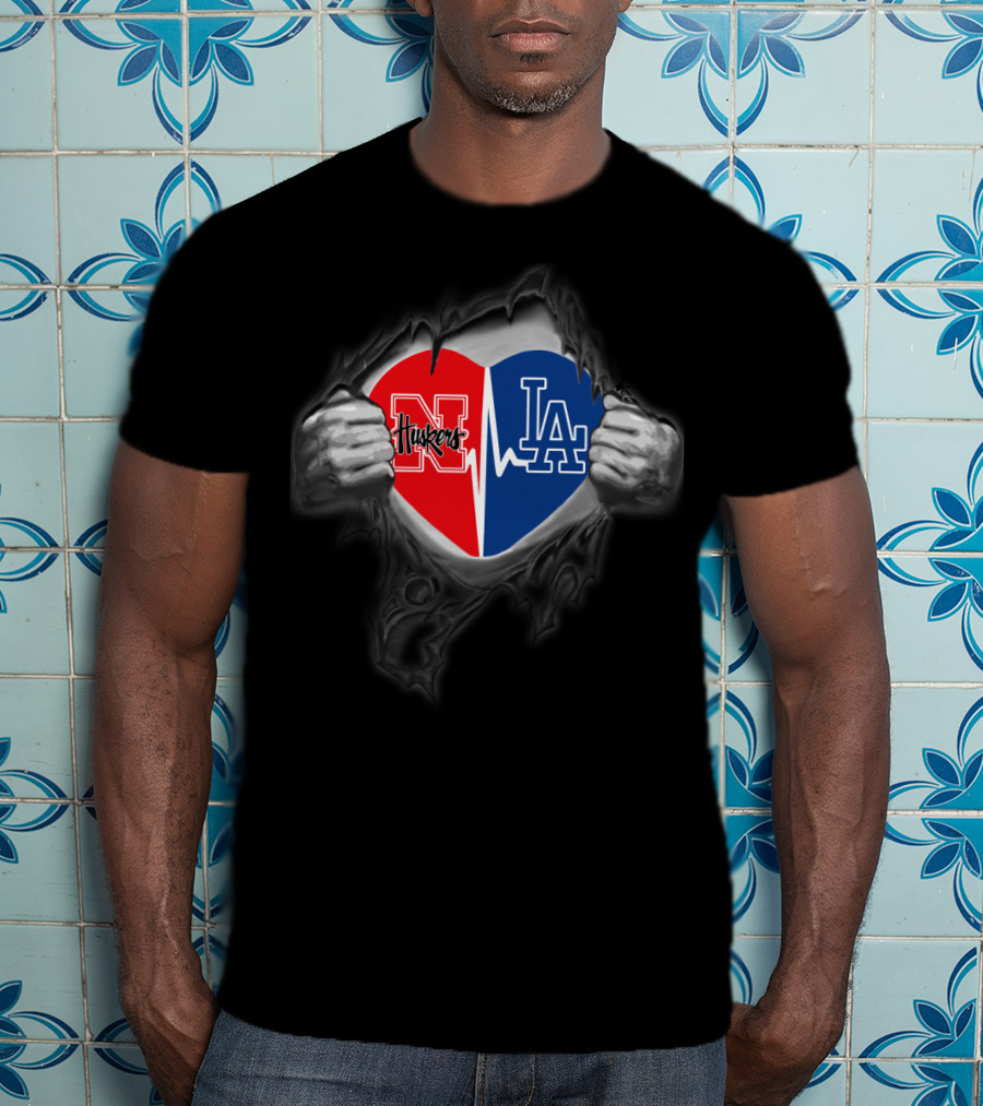 Dodgers Nebraska Cornhuskers Heart Design With Hands Pulling Open T-Shirt