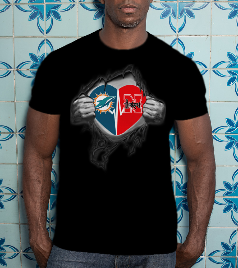 Dolphins Nebraska Cornhuskers Heart Logo Torn Fabric T-Shirt