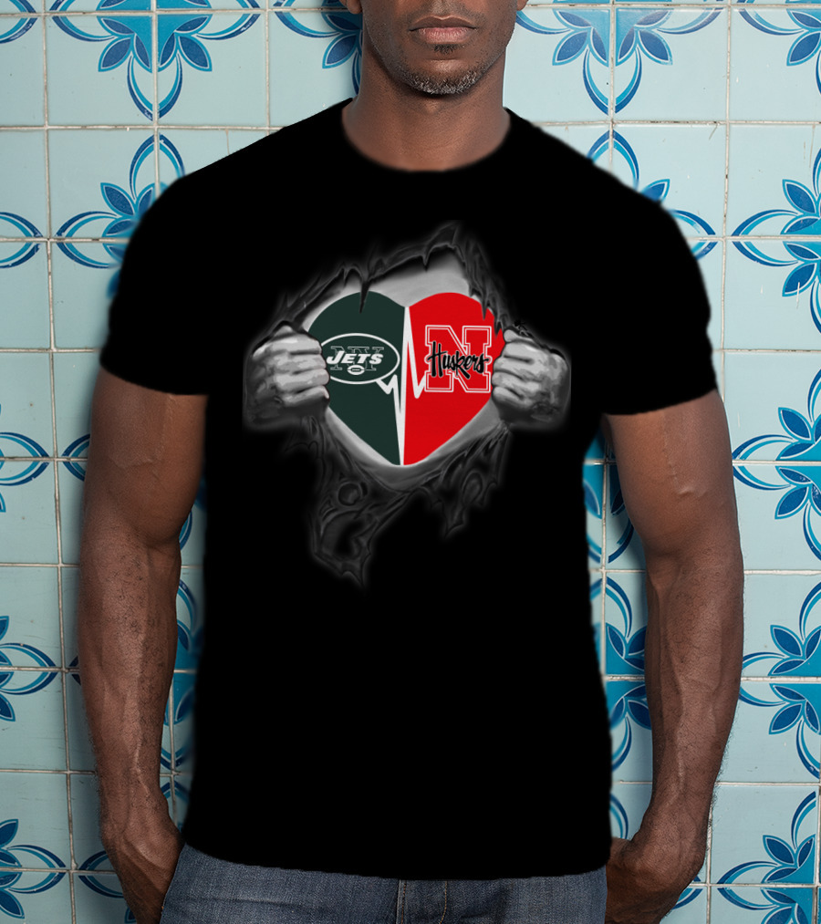 Jets Nebraska Huskers Heart Torn Fabric T-Shirt