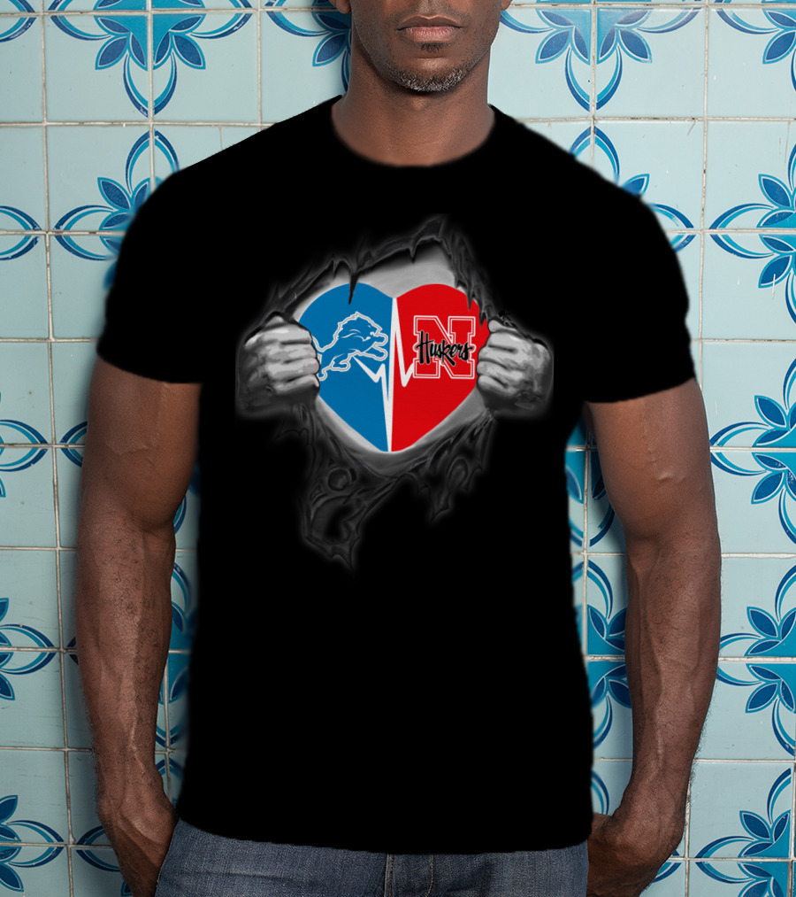 Detroit Lions Nebraska Huskers Heart Torn Open T-Shirt