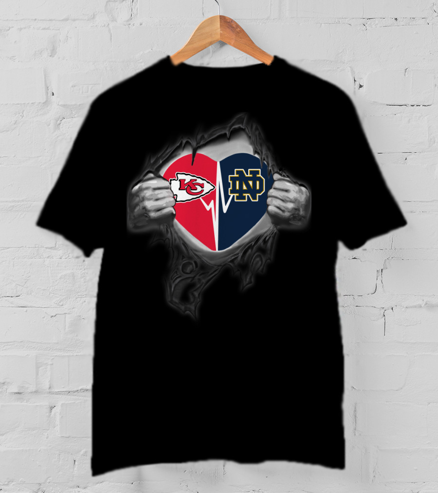 Kansas City Chiefs Notre Dame Fighting Irish Heart Logo Collaboration T-Shirt