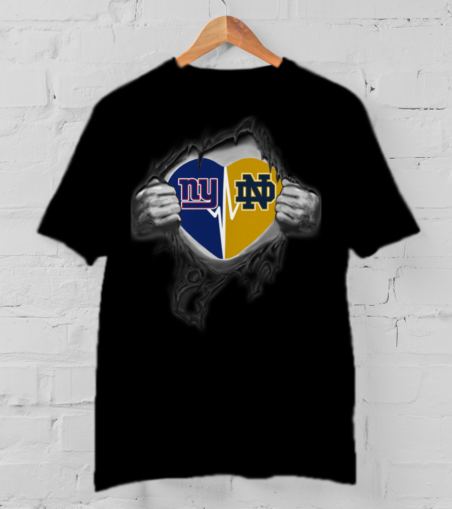 Ny Giants Notre Dame Heart Logo Fusion Pulled Apart By Hands T-Shirt