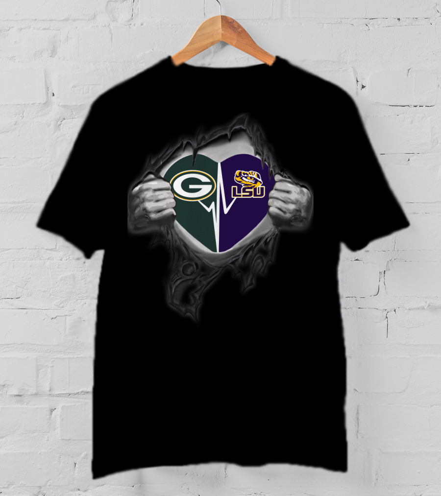 Green Bay Packers And Lsu Tigers Heart Ripped T-Shirt