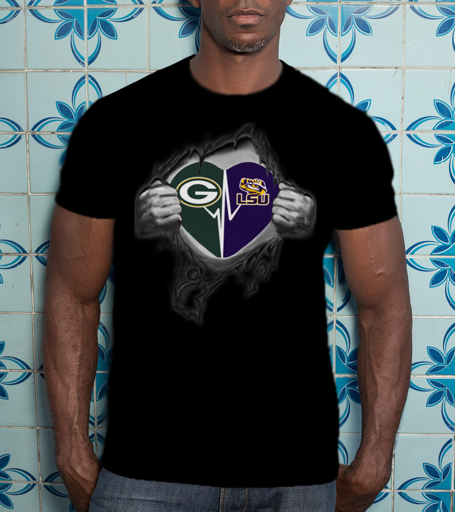Green Bay Packers And Lsu Tigers Heart Ripped T-Shirt