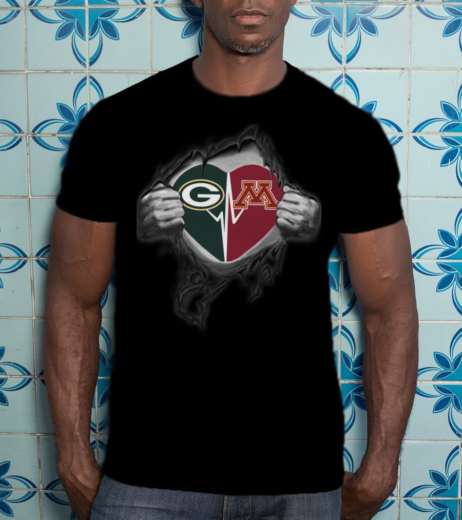 Packers Heart Minnesota Golden Gophers Logo Split Inside Torn Skin T-Shirt
