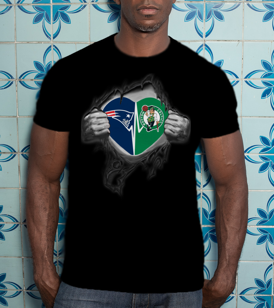 New England Patriots Boston Celtics Heart Duo T-Shirt