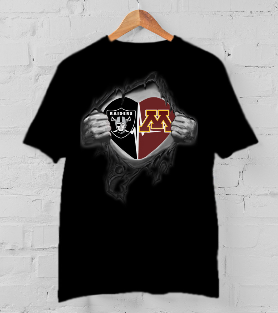 Raiders Minnesota Split Heart Logo With Hands Peeling Back Black T-Shirt