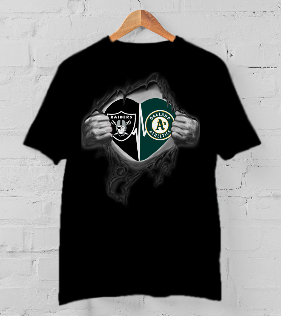 Raiders Oakland Athletics Dual Logo Inside Heart Torn T-Shirt