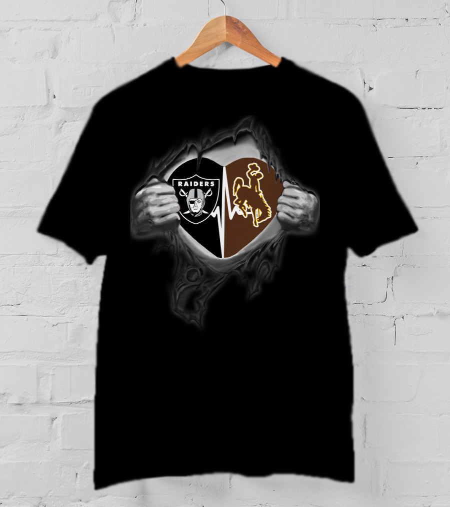 Raiders Wyoming Cowboys Heart With Hands And Logos T-Shirt