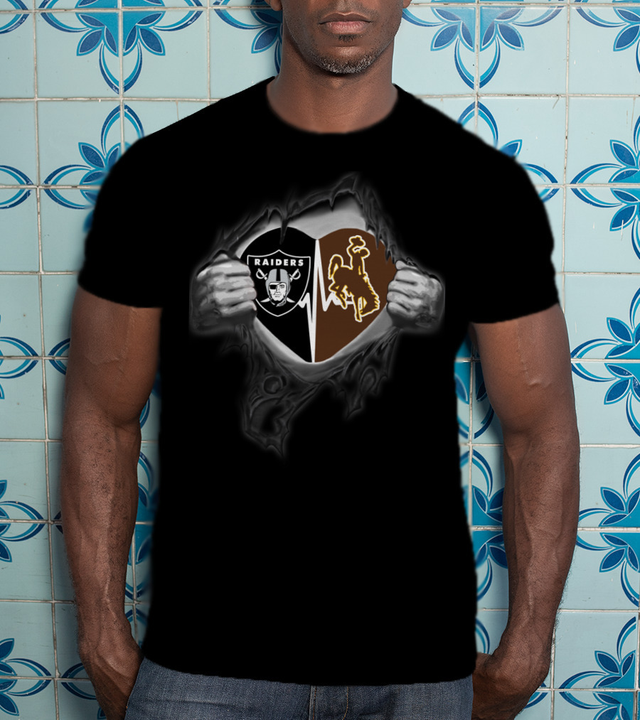 Raiders Wyoming Cowboys Heart With Hands And Logos T-Shirt