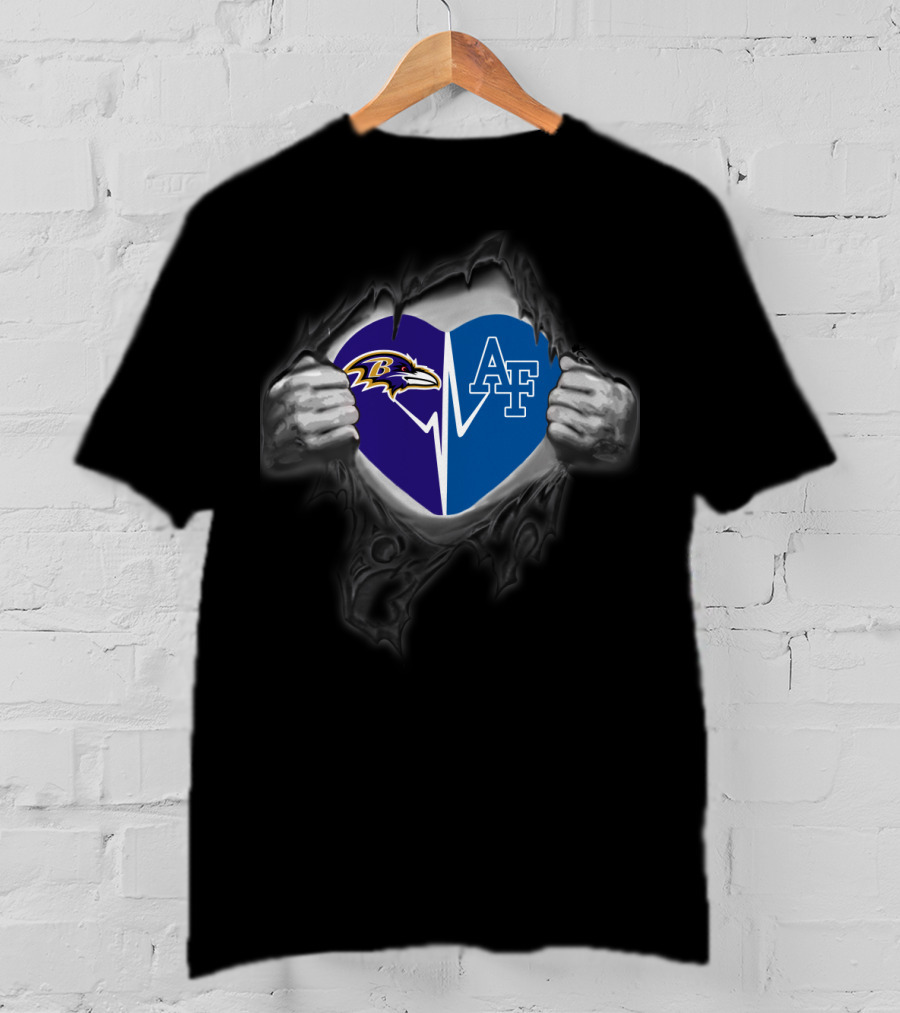 Ravens And Air Force Falcons Heart Design With Torn Fabric Effect T-Shirt