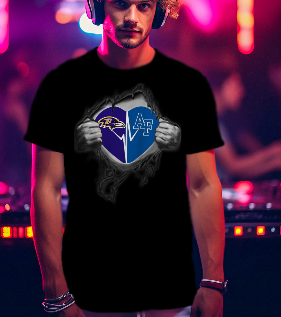 Ravens And Air Force Falcons Heart Design With Torn Fabric Effect T-Shirt