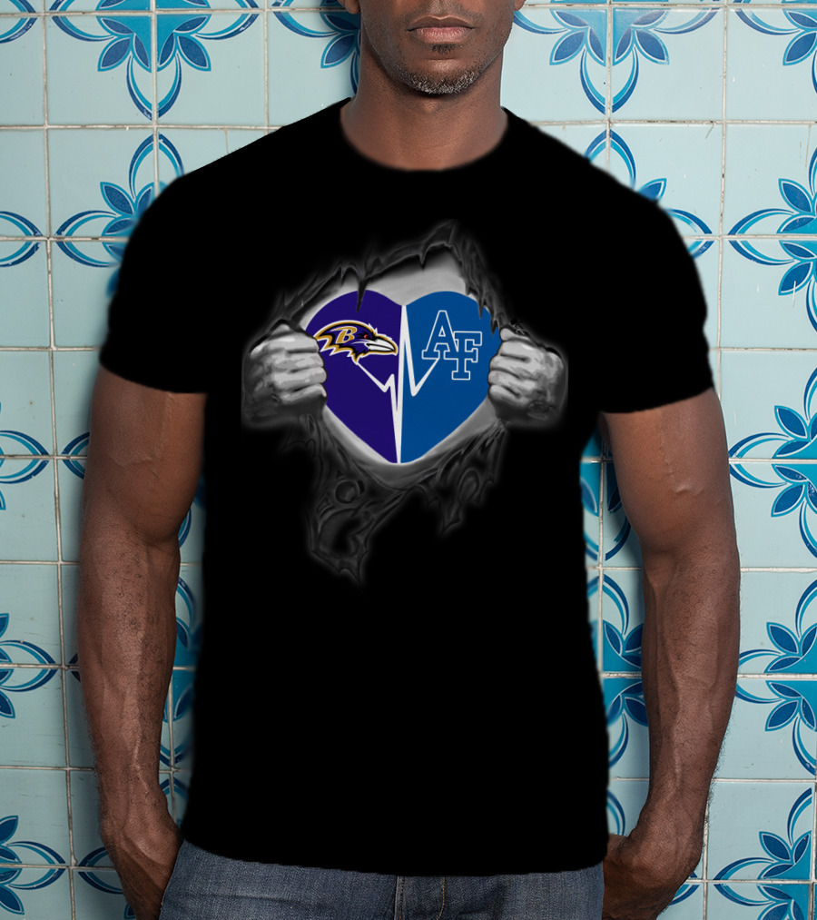 Ravens And Air Force Falcons Heart Design With Torn Fabric Effect T-Shirt