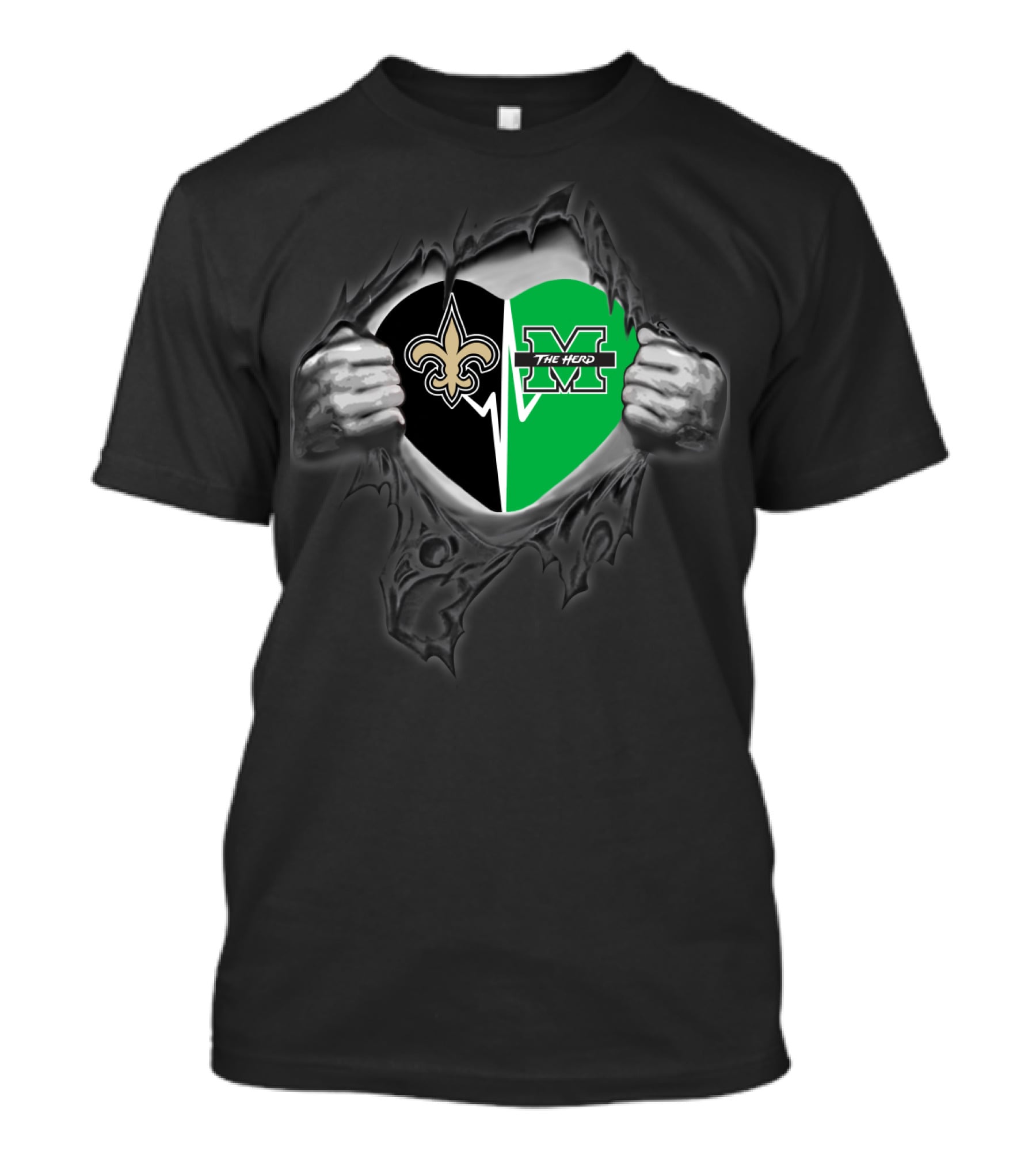 New Orleans Saints Marshall Thundering Herd Heart Logo Tear T-Shirt