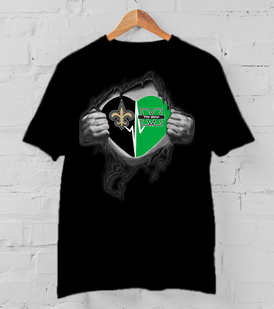 New Orleans Saints Marshall Thundering Herd Heart Logo Tear T-Shirt