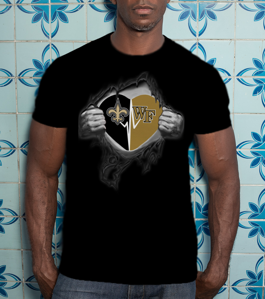Saints New Orleans And Wake Forest Heart Logo Tear T-Shirt