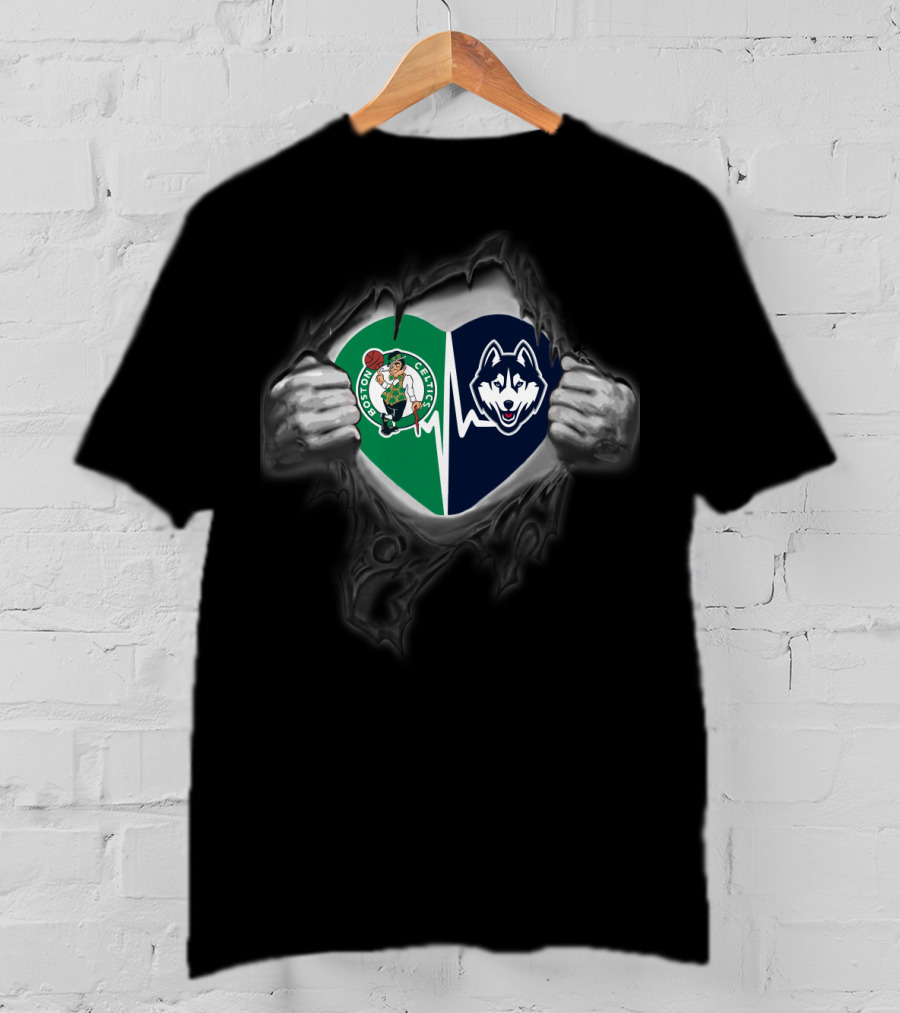 Boston Celtics And Uconn Huskies Heart Logo Fusion T-Shirt