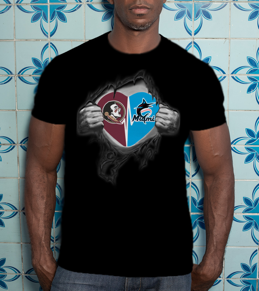 Seminoles Miami Split Heart Icon With Hands Ripping Open T-Shirt