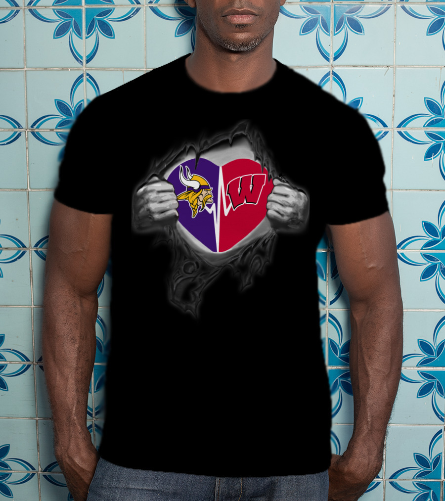 Vikings Wisconsin Badgers Split Heart Symbol T-Shirt