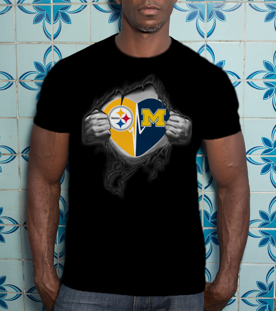 Steelers Michigan Wolverines Heart Logo Fusion T-Shirt