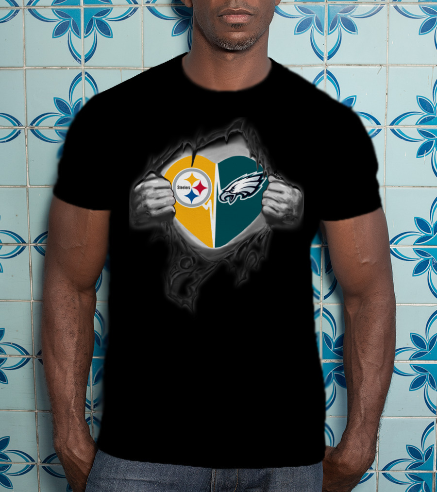 Steelers Eagles Heart Logo Dual Team Fan Pride T-Shirt