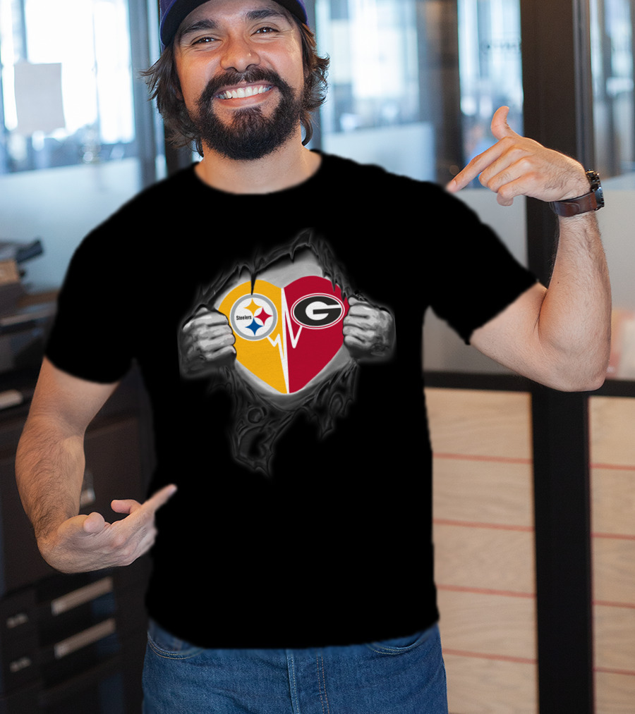 Steelers Georgia Bulldogs Heart Emblem With Torn Background Visuals T-Shirt