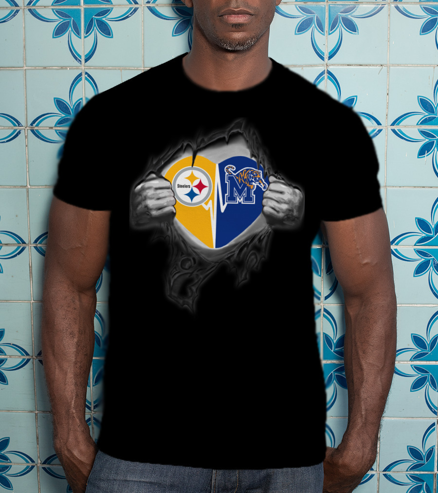 Steelers Memphis Tigers Heart Logo Fusion T-Shirt