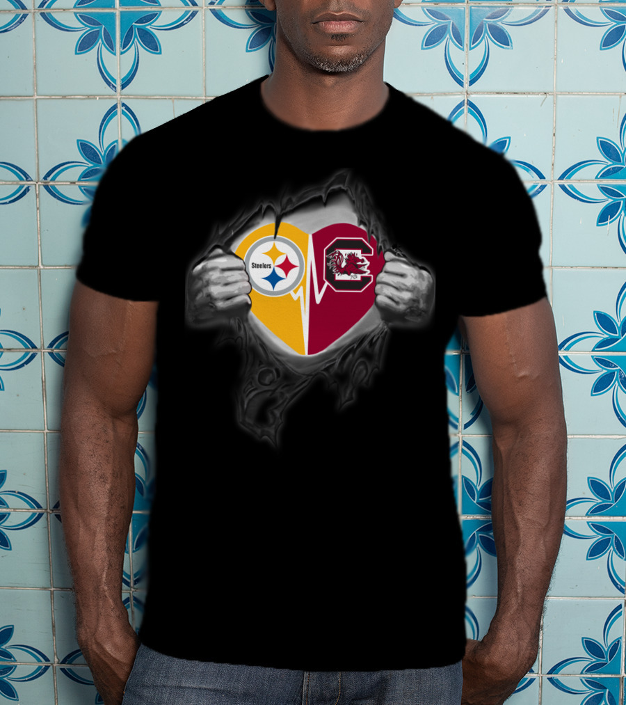 Steelers And South Carolina Gamecocks Heart Design With Ripped Hands Effect T-Shirt