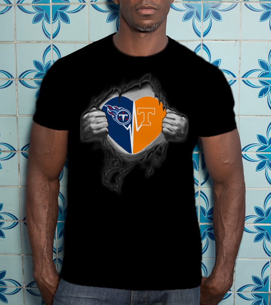 Tennessee Titans Volunteers Heart Logo Torn Fabric T-Shirt