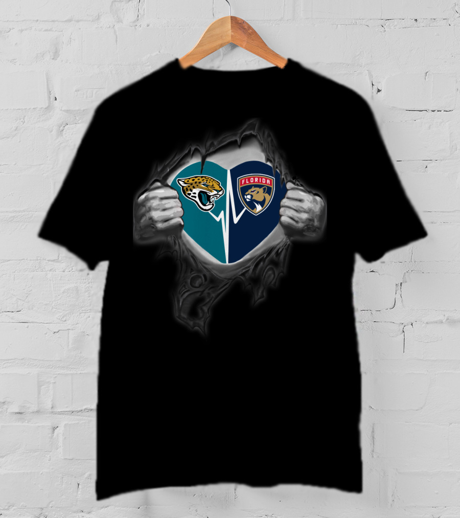 Jaguars And Florida Panthers Heartbeat Shield T-Shirt