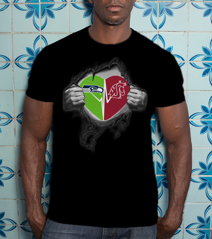 Seahawks Washington State Cougars Heart Logo Torn T-Shirt