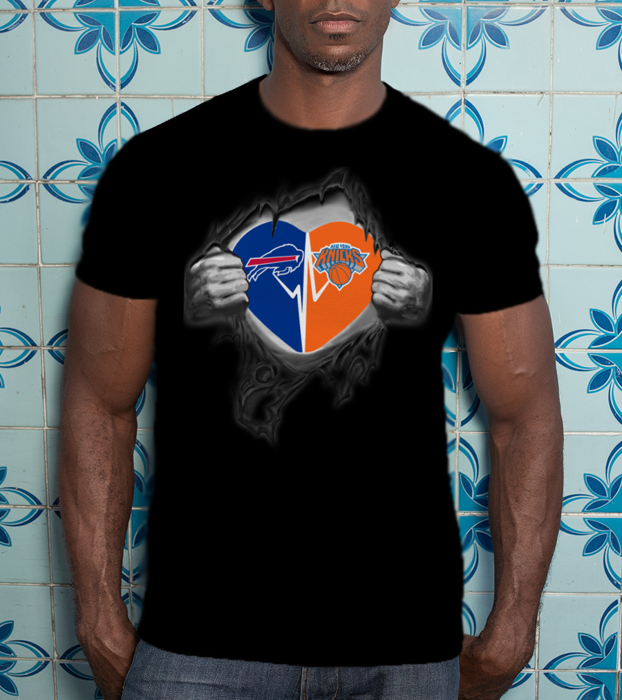 Buffalo Bills New York Knicks Heart Logos Fusion T-Shirt