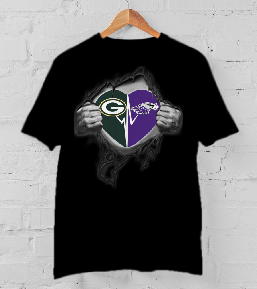 Green Bay Packers Uw-Whitewater Warhawks Heart Logo Rip Fandom T-Shirt