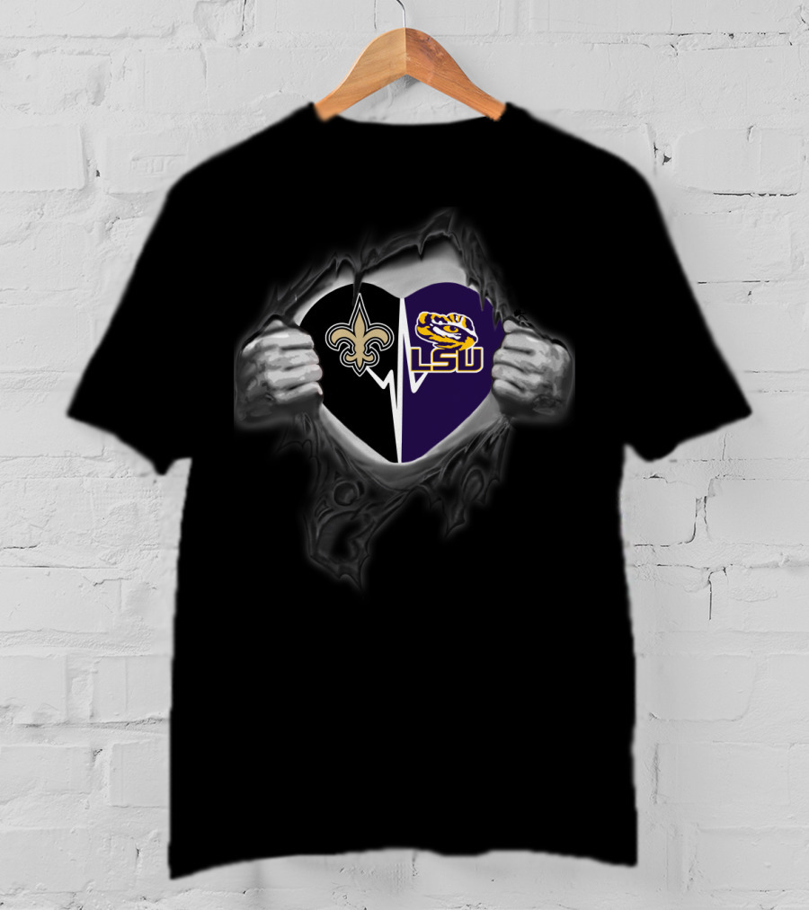 Saints And Lsu Tigers Heart Design With Torn T-Shirt
