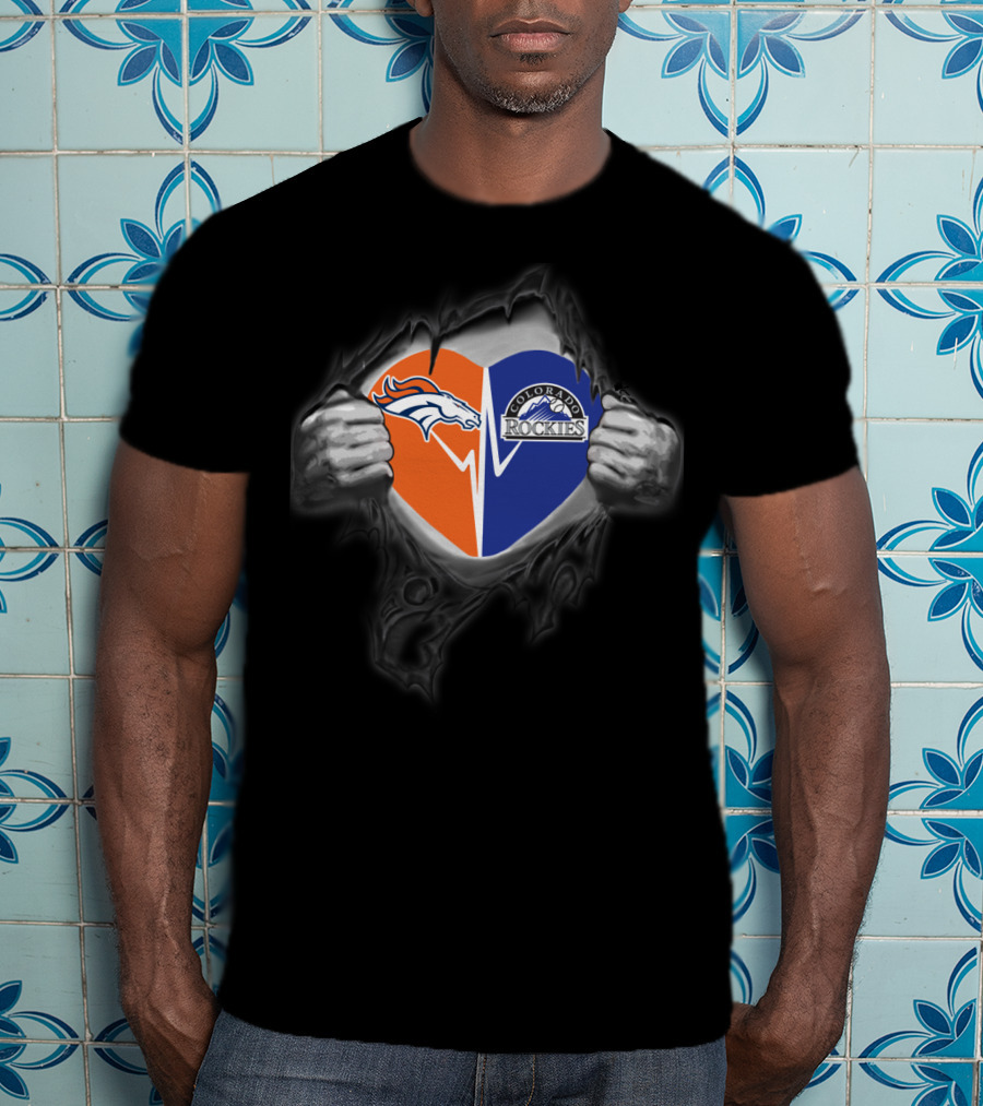 Broncos Heart With Colorado Rockies Logo Mountain T-Shirt