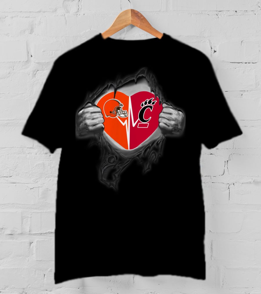 Cleveland Browns Cincinnati Bearcats Heart Football Fan Logo Combination T-Shirt