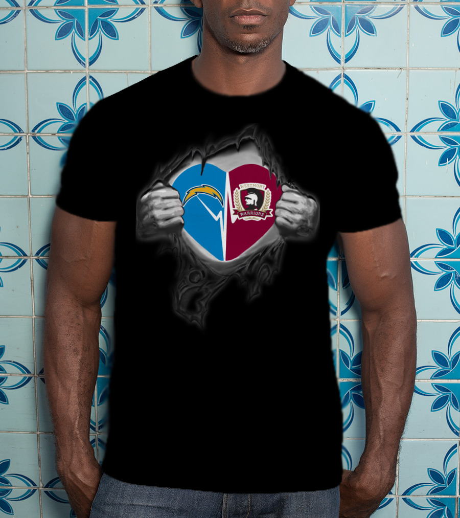 Chargers Westmont Warriors Heart Shield With Lightning Logo And Spartan T-Shirt