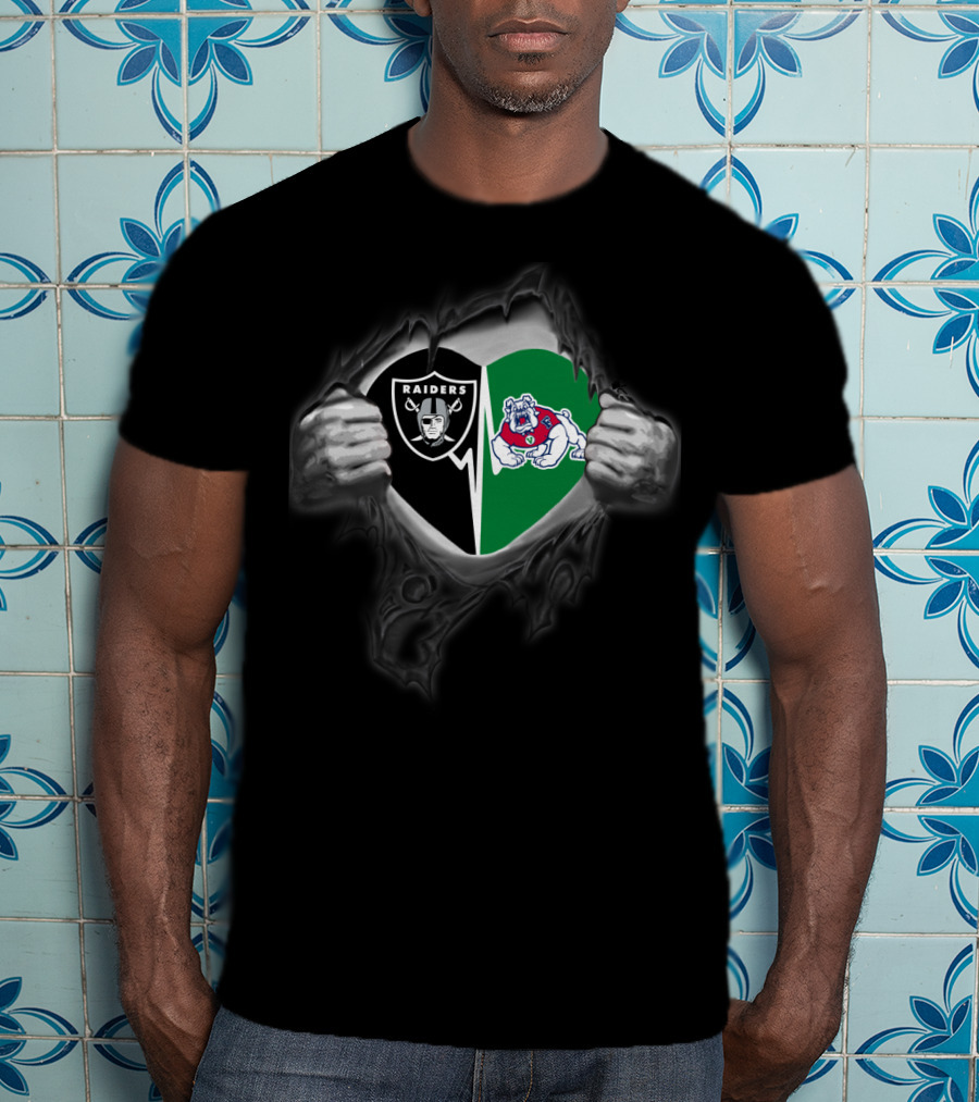 Raiders And Fresno State Bulldogs Torn Metal Heart T-Shirt