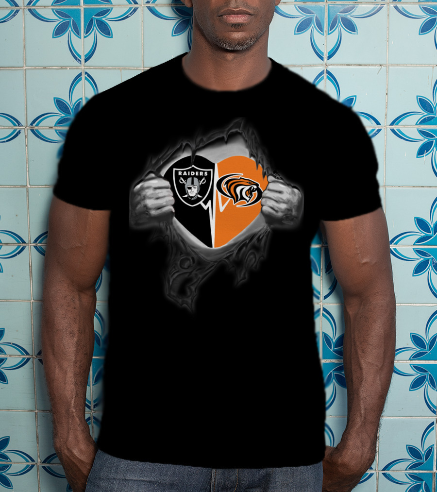 Raiders Pacific Tigers Heart Logo Fusion In Torn Fabric Effect T-Shirt