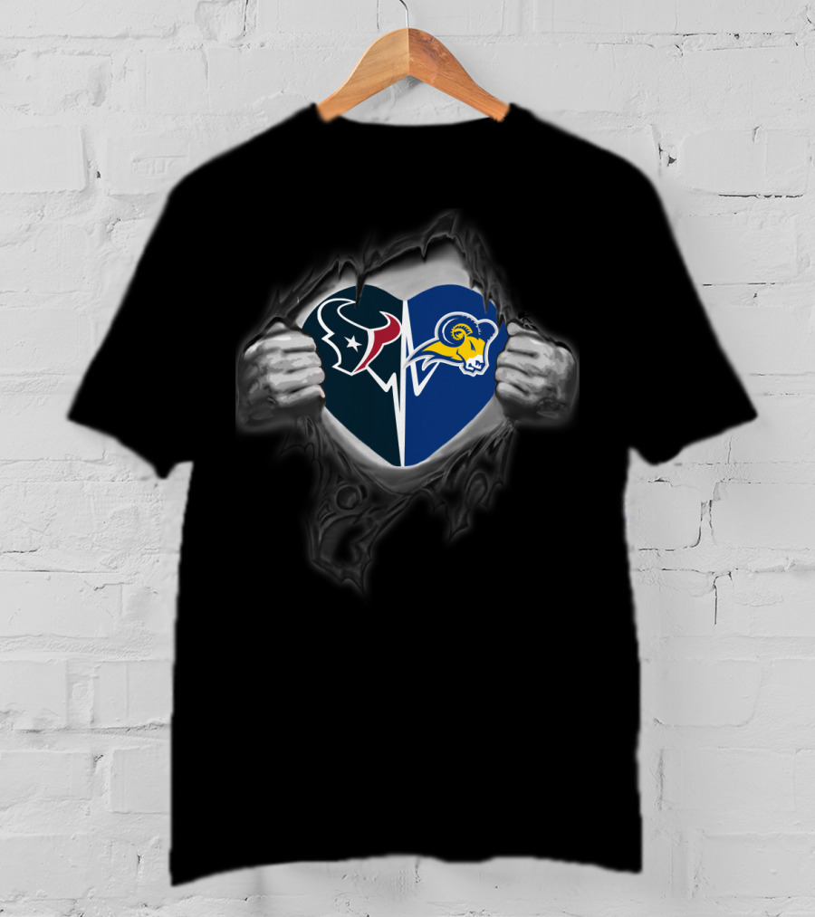 Texans And Texas Wesleyan Rams Logos Inside Heart-Shaped Tear T-Shirt
