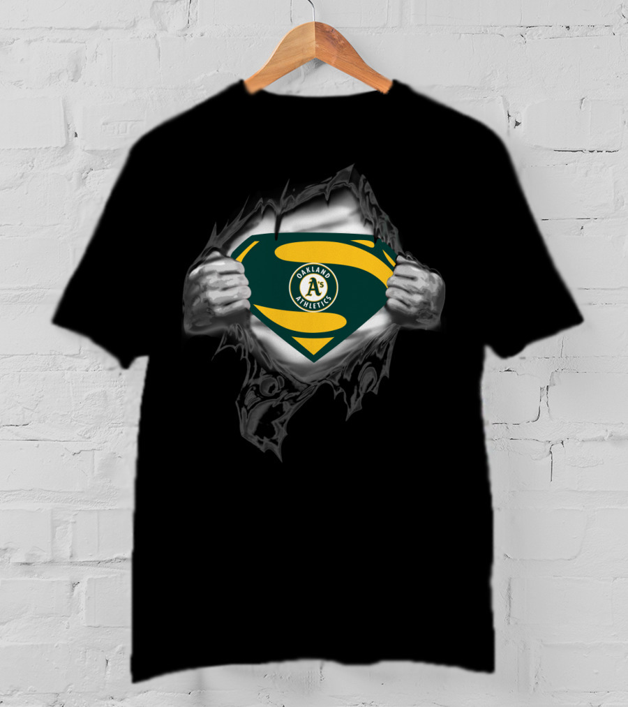 Oakland Athletics Superhero Emblem Teal And Yellow T-Shirt