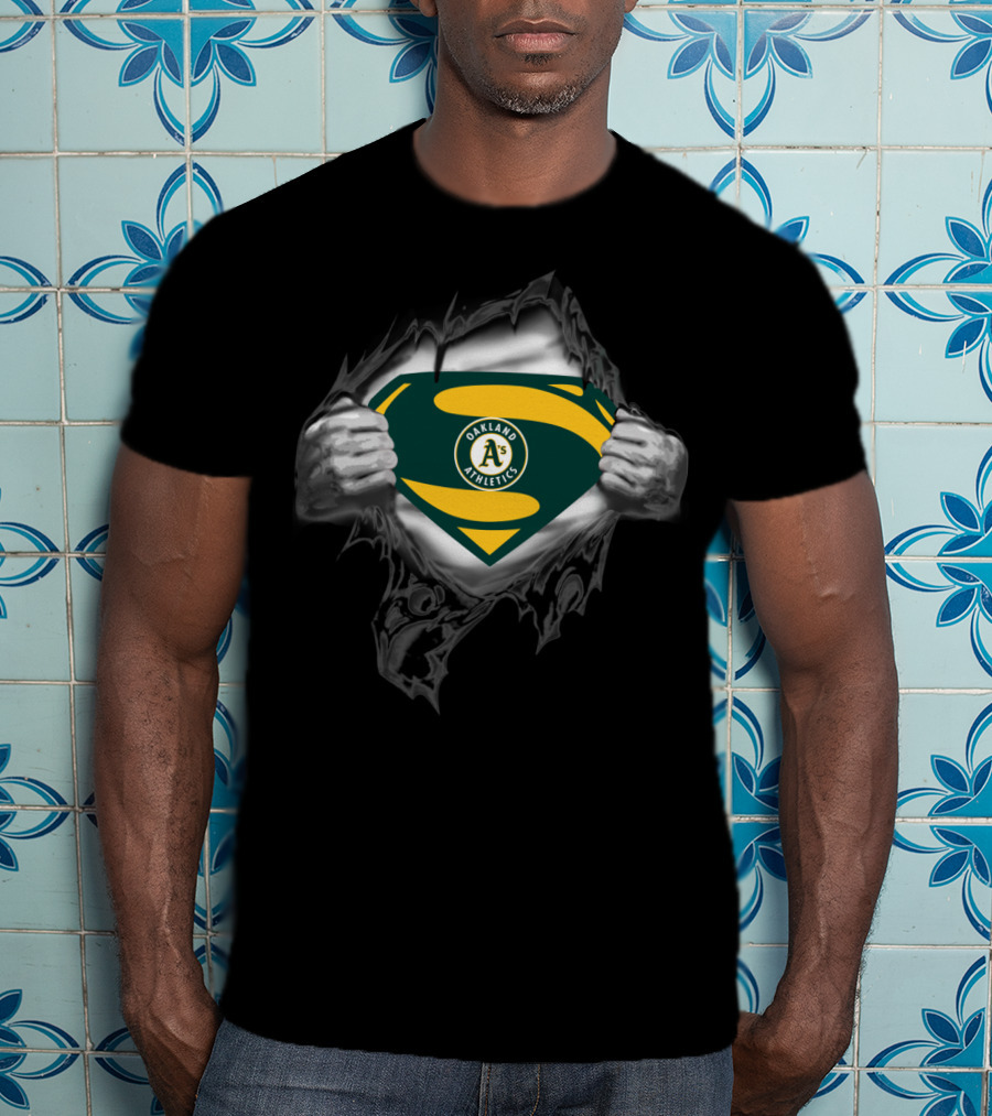 Oakland Athletics Superhero Emblem Teal And Yellow T-Shirt