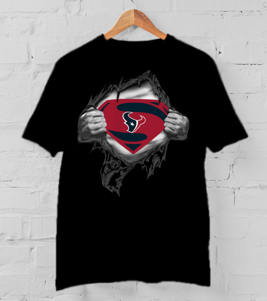 Superman Houston Texans Logo Hidden Beneath Ripped Chest T-Shirt
