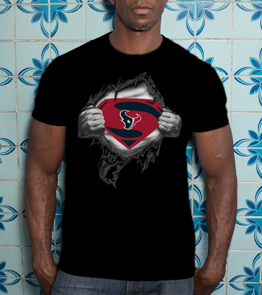 Superman Houston Texans Logo Hidden Beneath Ripped Chest T-Shirt